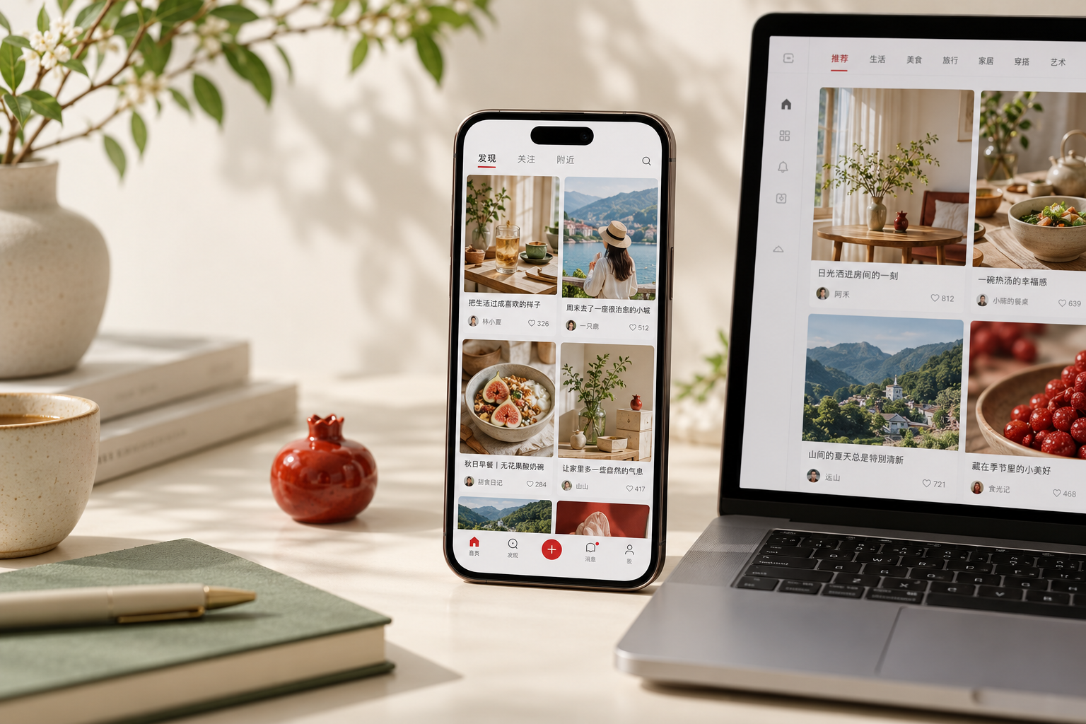 Illustrative Chinese digital content displayed on a smartphone and laptop